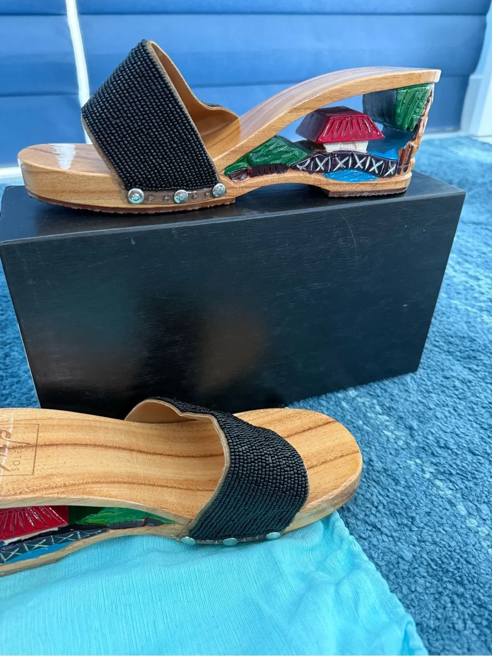 Hand-Painted Wooden Wedge Slide Sandals - Black